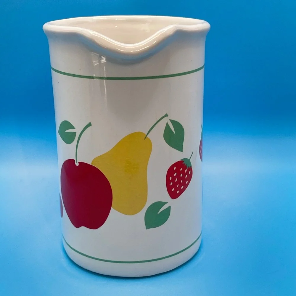 Vintage Fruit Ceramic Pitcher White Apple Pear Strawberry Cherry 80s 90s Country